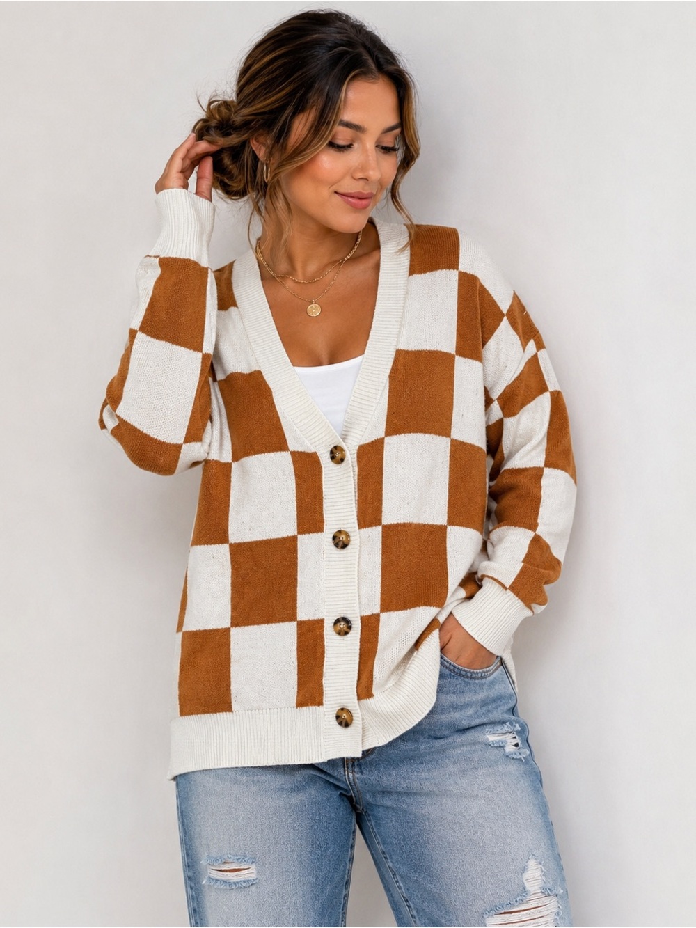 Oversized Medium Brown Cream Buffalo Plaid Knit Cardigan Sweater - Picture 1 of 11